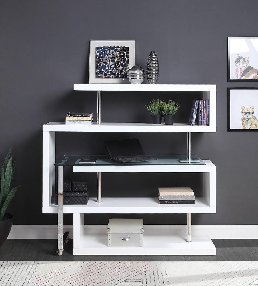 ACME Furniture - Buck II Writing Desk w/Bookshelf - Clear Glass, Chrome & White High Gloss Finish - 93179 veiw 8