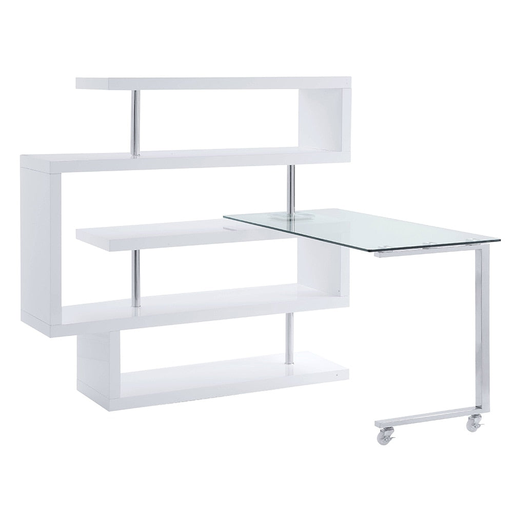 ACME Furniture - Buck II Writing Desk w/Bookshelf - Clear Glass, Chrome & White High Gloss Finish - 93179 veiw 9