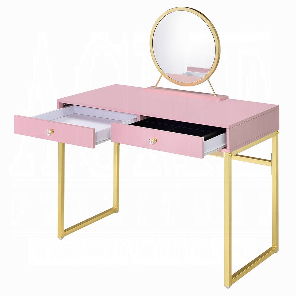 ACME Furniture - Coleen Vanity Desk w/Mirror & Jewelry Tray - Pink & Gold - AC00668 view 3