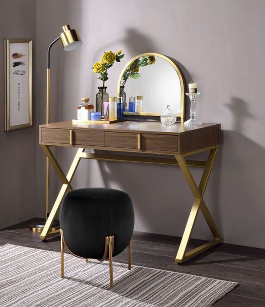 ACME Furniture - Coleen Vanity Desk w/Mirror & Jewelry Tray - Walnut & Gold - AC00665 view 6