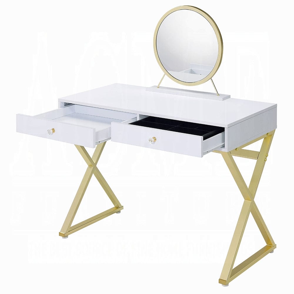 ACME Furniture - Coleen Vanity Desk w/Mirror & Jewelry Tray - White & Gold - AC00667 view 3