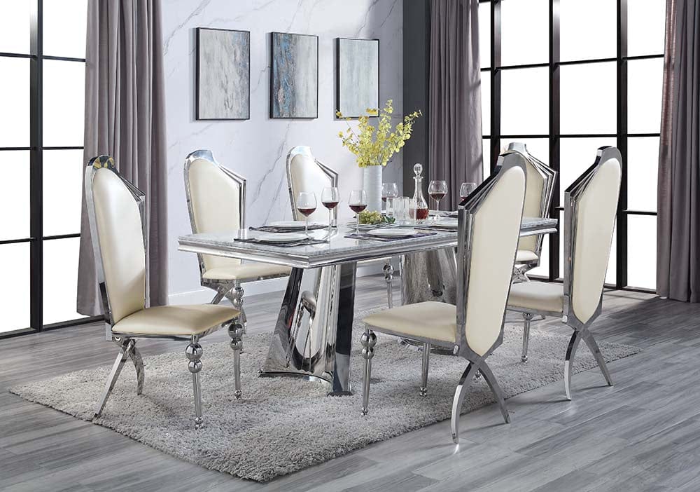 ACME Furniture - Destry Dining Table w/Marble Top & Pedestal Base - Engineering Marble & Mirrored Silver - DN01188 view 4