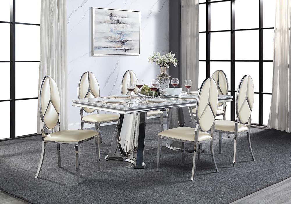 ACME Furniture - Destry Dining Table w/Marble Top & Pedestal Base - Engineering Marble & Mirrored Silver - DN01188 view 5