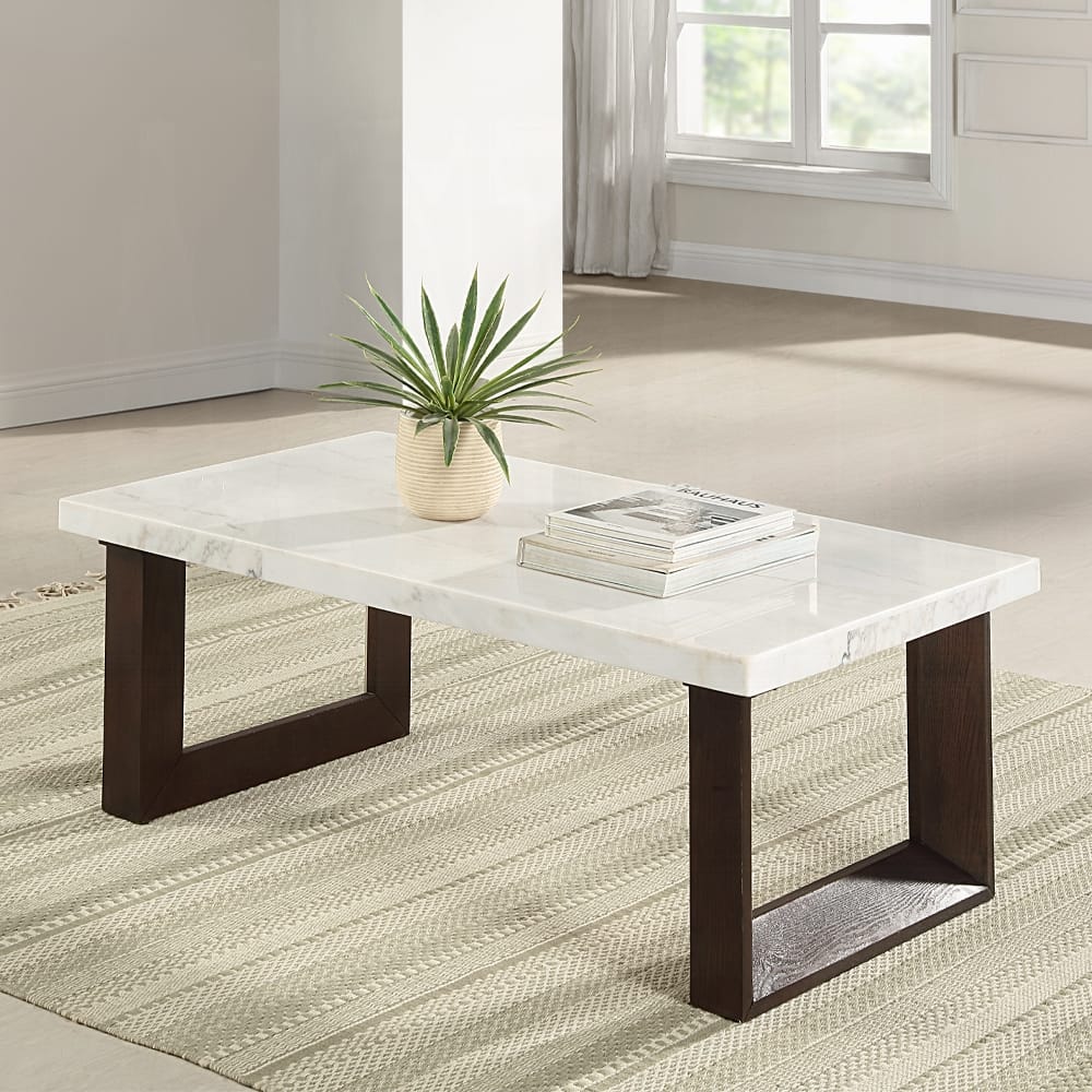 ACME Furniture - Edwyn Coffee Table w/Marble Top - White Natural Marble Top & Brown Finish - LV03205 view 4