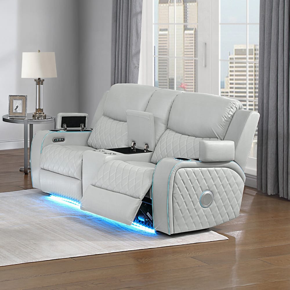 ACME Furniture - Elonzo - Power Motion Loveseat w/Console, LED, Power Headrest & Speaker - Light Gray Synthetic Leather - LV05901 view 10
