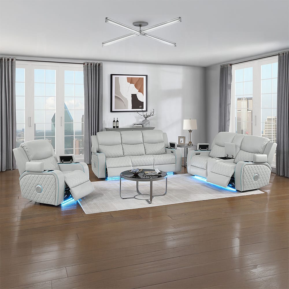 ACME Furniture - Elonzo - Power Motion Recliner w w/LED, Power Headrest & Speaker - Light Gray Synthetic Leather - LV05902 view 11