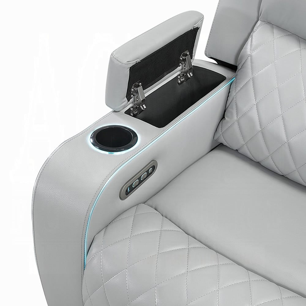ACME Furniture - Elonzo - Power Motion Sofa w/LED, Power Headrest & Speaker - Light Gray Synthetic Leather - LV05900 view 7