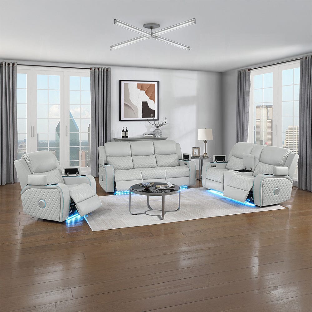 ACME Furniture - Elonzo - Power Motion Sofa w/LED, Power Headrest & Speaker - Light Gray Synthetic Leather - LV05900 view 11