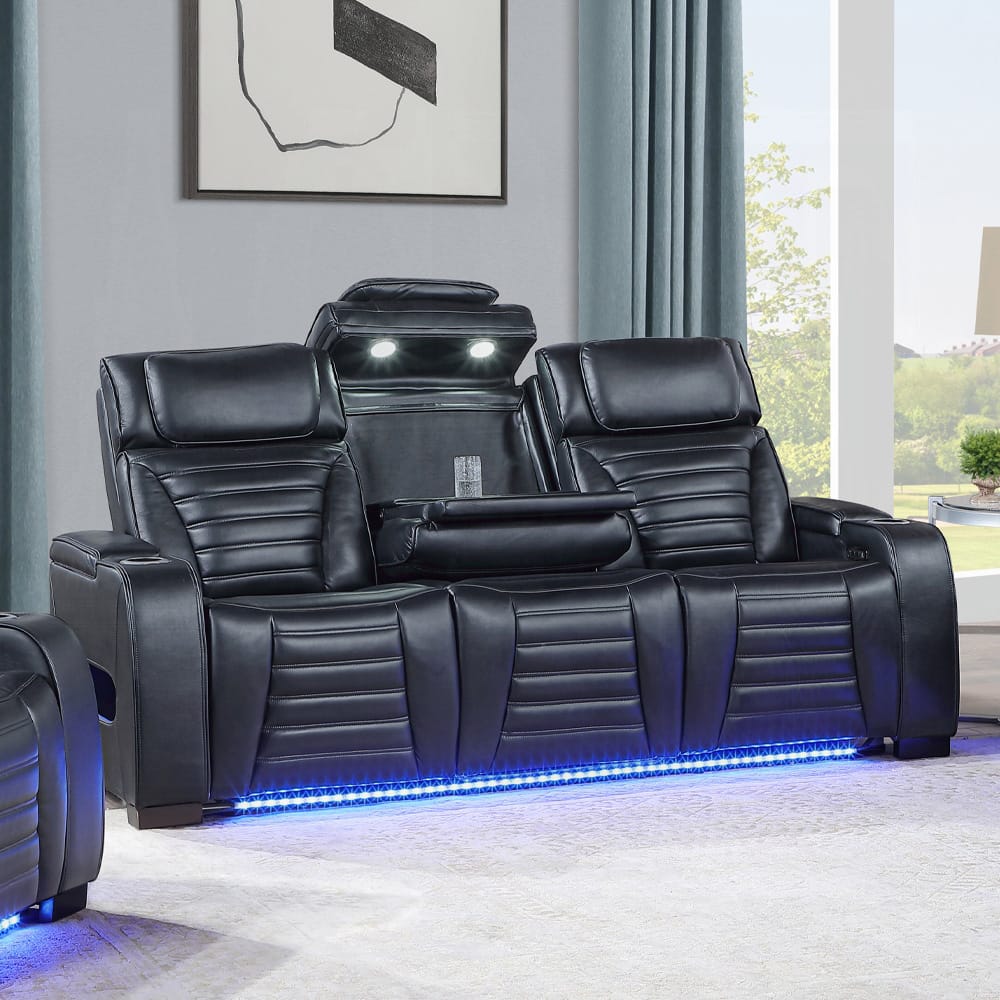 ACME Furniture - Ephron - Power Motion Sofa W/Dropdown Table, Wireless Charging, Reading Light, Power Headrests & LED - Black Leather Air - LV06080 view 6