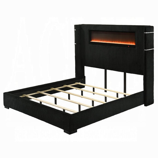 ACME Furniture - Garner - EK Bed w/Fireplace, LED, Reading Light, Speaker, Bluetooth & USB - Black & Gray Corduroy - BD06021EK view 1