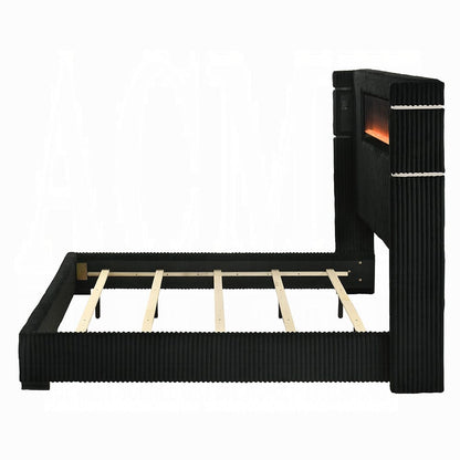 ACME Furniture - Garner - EK Bed w/Fireplace, LED, Reading Light, Speaker, Bluetooth & USB - Black & Gray Corduroy - BD06021EK view 2