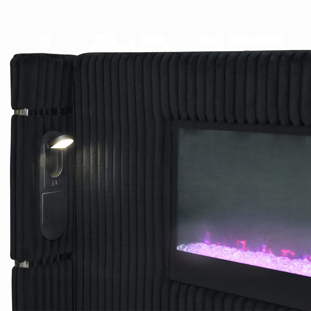 ACME Furniture - Garner - EK Bed w/Fireplace, LED, Reading Light, Speaker, Bluetooth & USB - Black & Gray Corduroy - BD06021EK view 4