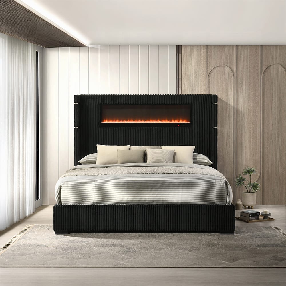 ACME Furniture - Garner - EK Bed w/Fireplace, LED, Reading Light, Speaker, Bluetooth & USB - Black & Gray Corduroy - BD06021EK view 5