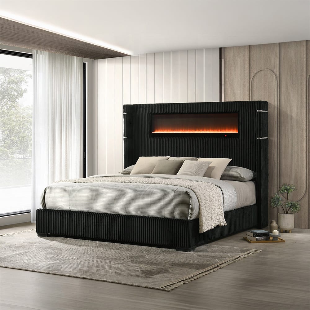 ACME Furniture - Garner - EK Bed w/Fireplace, LED, Reading Light, Speaker, Bluetooth & USB - Black & Gray Corduroy - BD06021EK view 6