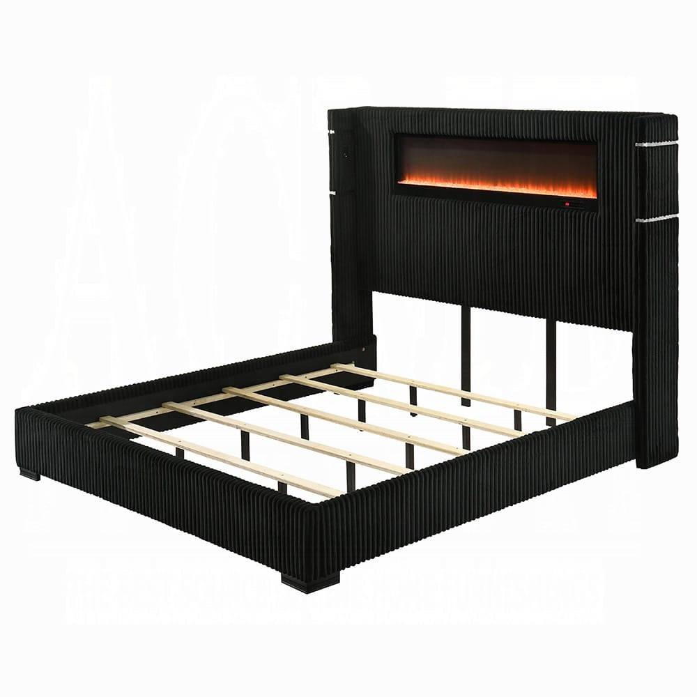 ACME Furniture - Garner - Queen Bed w/Fireplace, LED, Reading Light, Speaker, Bluetooth & USB - Black & Gray Corduroy - BD06022Q view 1