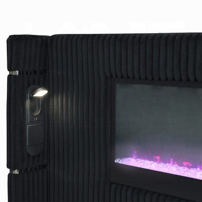 ACME Furniture - Garner - Queen Bed w/Fireplace, LED, Reading Light, Speaker, Bluetooth & USB - Black & Gray Corduroy - BD06022Q view 4