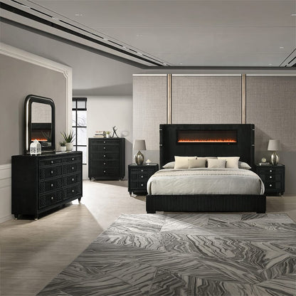 ACME Furniture - Garner - Queen Bed w/Fireplace, LED, Reading Light, Speaker, Bluetooth & USB - Black & Gray Corduroy - BD06022Q view 7