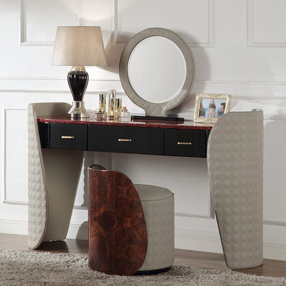 ACME Furniture - Jamonica - Vanity Stool - Gray Synthetic Leather & Glossy Wood Grain Top  - AC20021 view 4