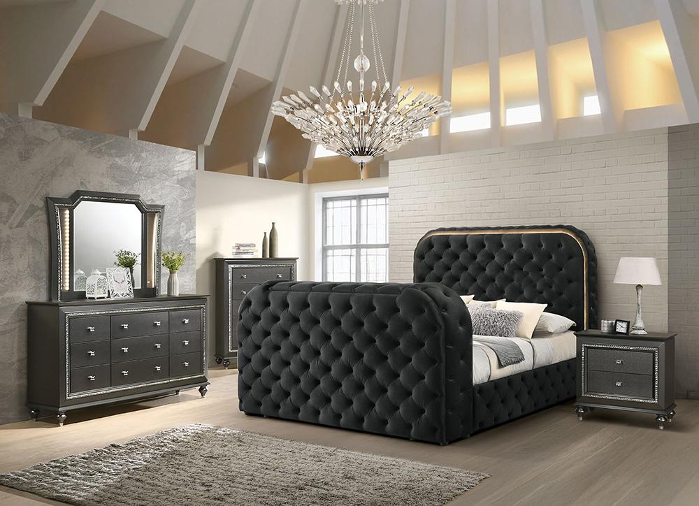 ACME Furniture - Kana Eastern King Bed w/LED, Fireplace & TV Stand - Black Upholstery Velvet - BD03121EK veiw 3
