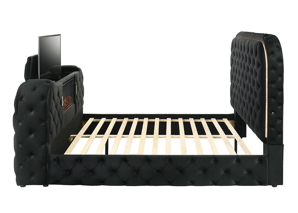ACME Furniture - Kana Eastern King Bed w/LED, Fireplace & TV Stand - Black Upholstery Velvet - BD03121EK veiw 4