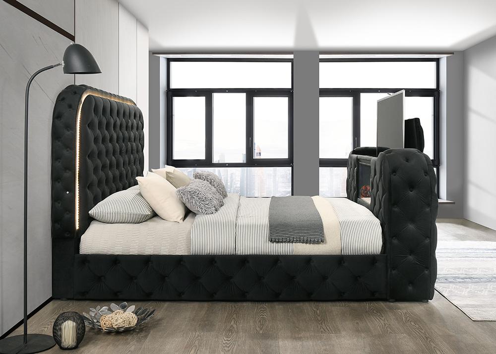 ACME Furniture - Kana Eastern King Bed w/LED, Fireplace & TV Stand - Black Upholstery Velvet - BD03121EK veiw 6
