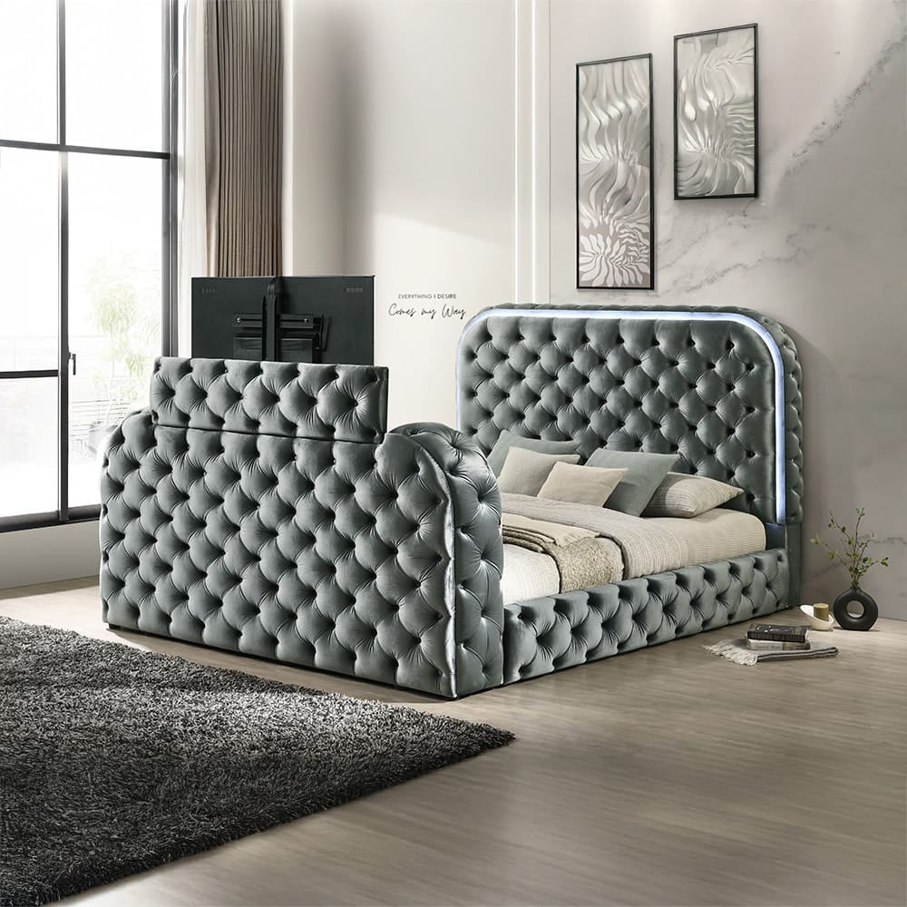 ACME Furniture - Kana - Queen Bed w/LED, Fireplace & TV Stand - Gray Upholstery Velvet - BD05072Q view 4