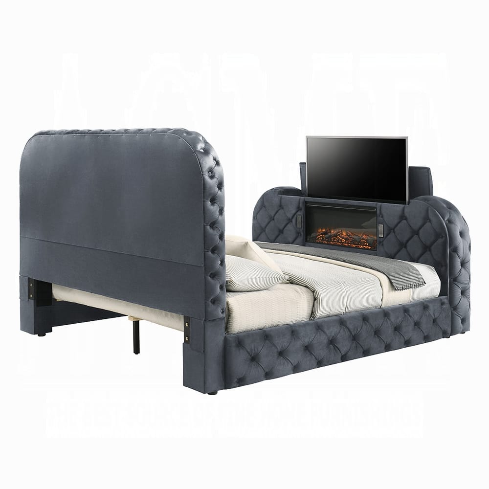 ACME Furniture - Kana - Queen Bed w/LED, Fireplace & TV Stand - Gray Upholstery Velvet - BD05072Q view 8