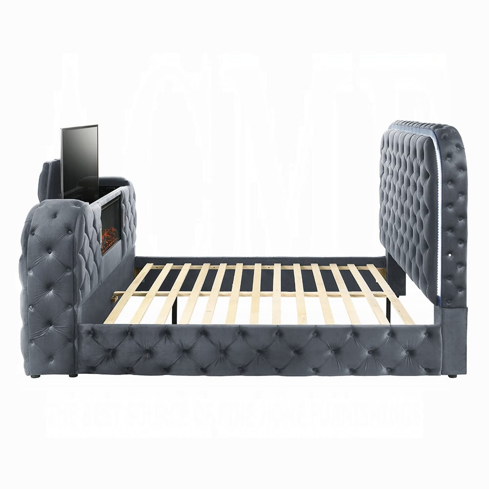 ACME Furniture - Kana - Queen Bed w/LED, Fireplace & TV Stand - Gray Upholstery Velvet - BD05072Q view 9