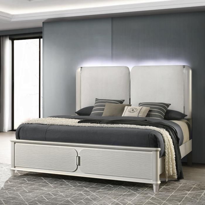 ACME Furniture - Laveda Eastern King Bed w/LED - Light Gray Boucle & Pearl White Finish - BD03791EK view 1