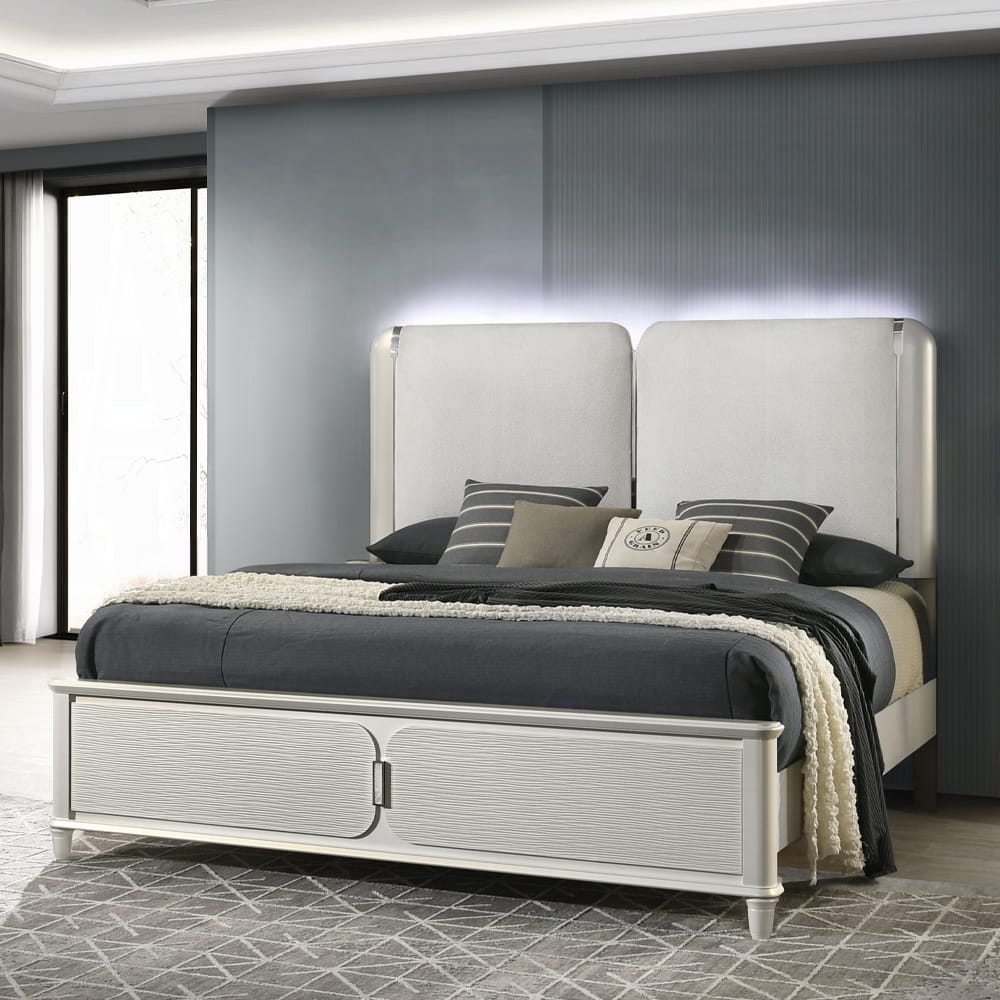 ACME Furniture - Laveda Queen Bed w/LED - Light Gray Boucle & Pearl White Finish - BD03792Q view 4