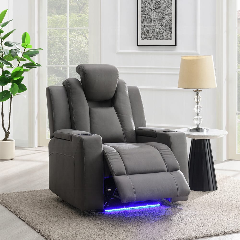 ACME Furniture - Leuco - Power Motion Recliner w/Cup Holder, Control, LED & Power Headrest - Gray Leather Aire - LV02834 view 9