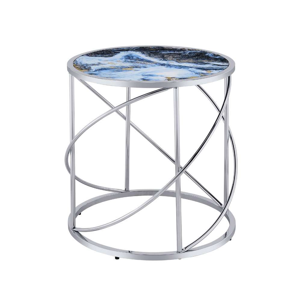 ACME Furniture - Lyda End Table - Blue Marble Print & Chrome - LV02096 view 1