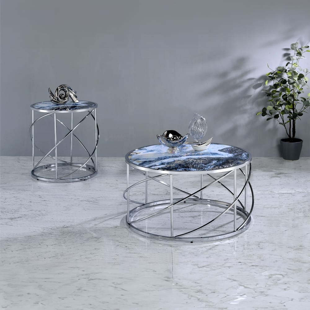 ACME Furniture - Lyda End Table - Blue Marble Print & Chrome - LV02096 view 5