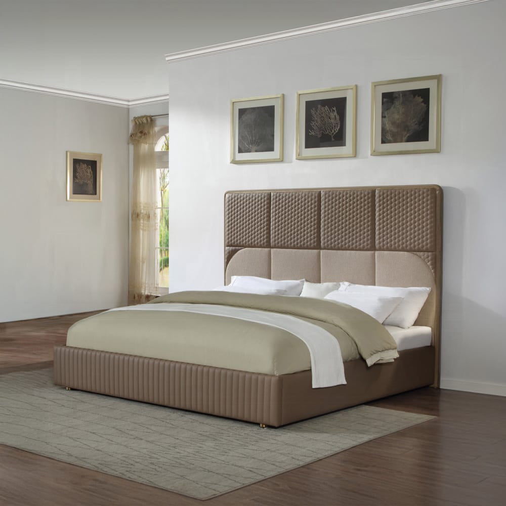 ACME Furniture - Marcelino - Eastern King Bed - Brown & Beige Microfiber Leather & Glossy Coffee Wood Grain - BD20031EK view 4