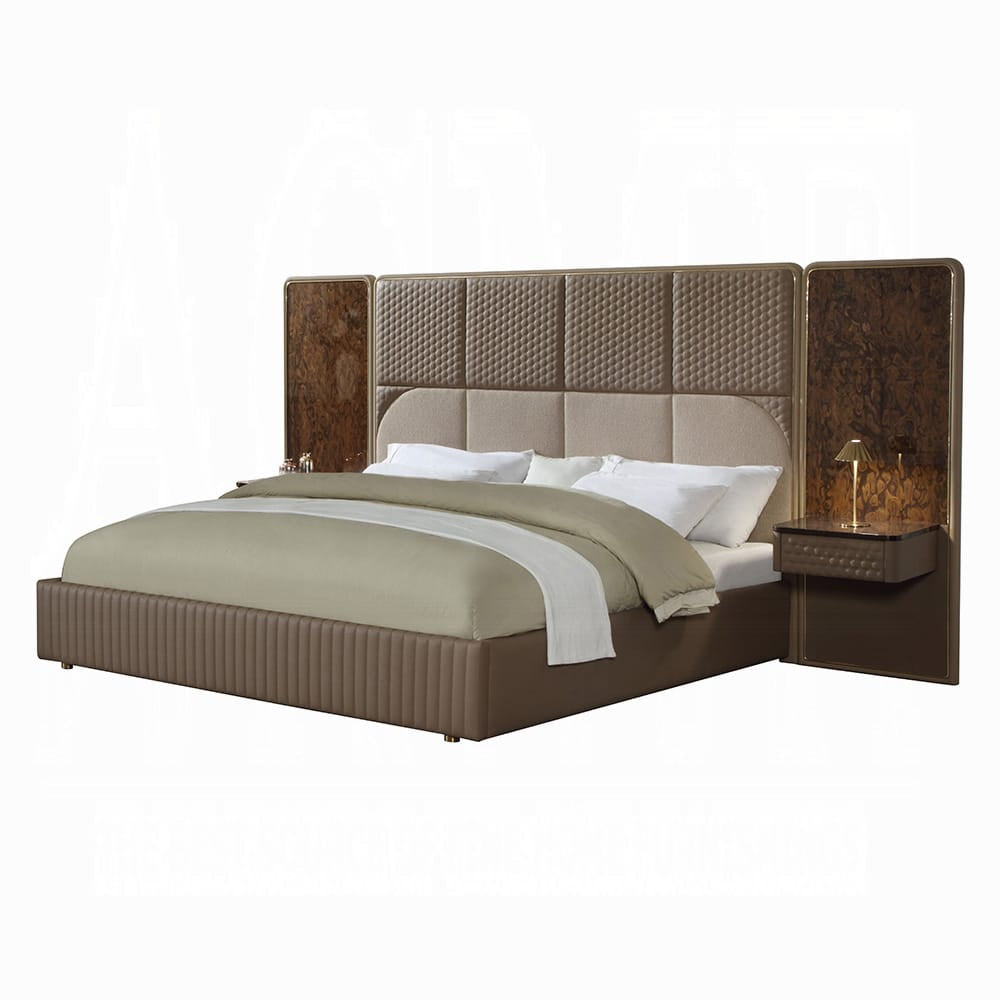 ACME Furniture - Marcelino - Nightstand W/Wall Pier (EK) - Brown & Beige Microfiber Leather & Glossy Coffee Wood Grain - BD20033 view 2
