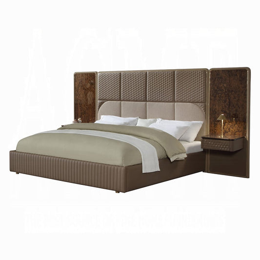 ACME Furniture - Marcelino - Nightstand W/Wall Pier (EK) - Brown & Beige Microfiber Leather & Glossy Coffee Wood Grain - BD20033 view 2