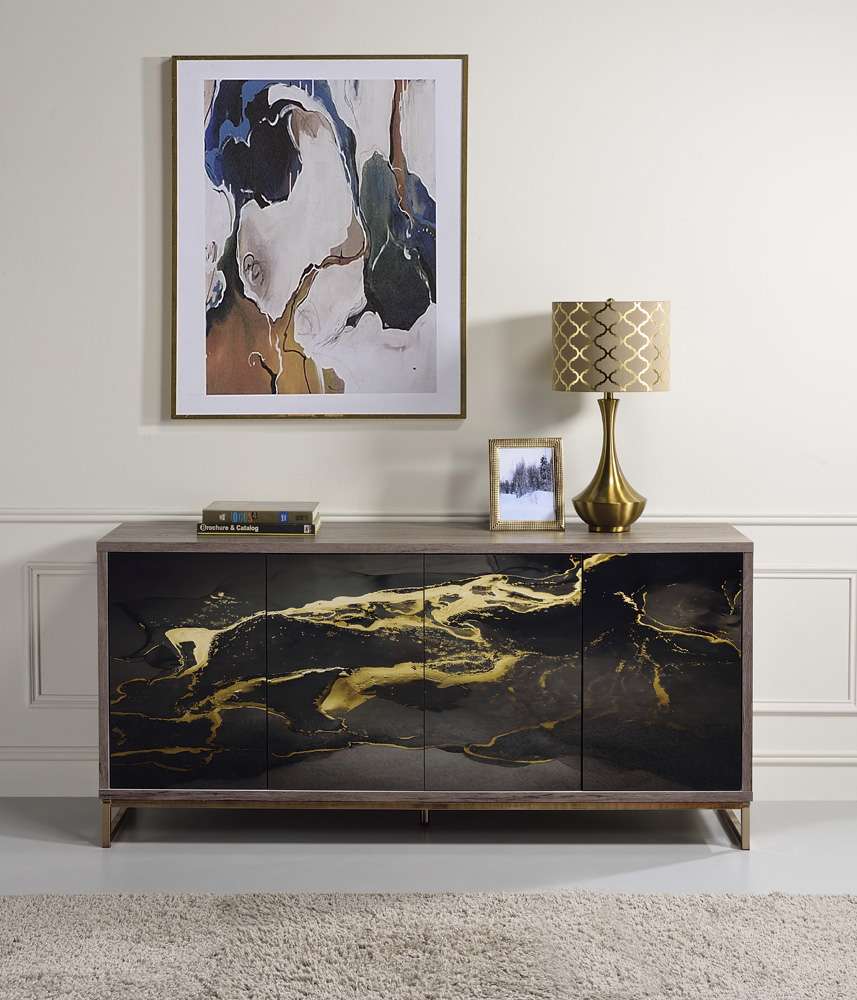 ACME Furniture - Payo Console Cabinet - Black Marble Paint - Oak & Champagne - AC02342 veiw 1