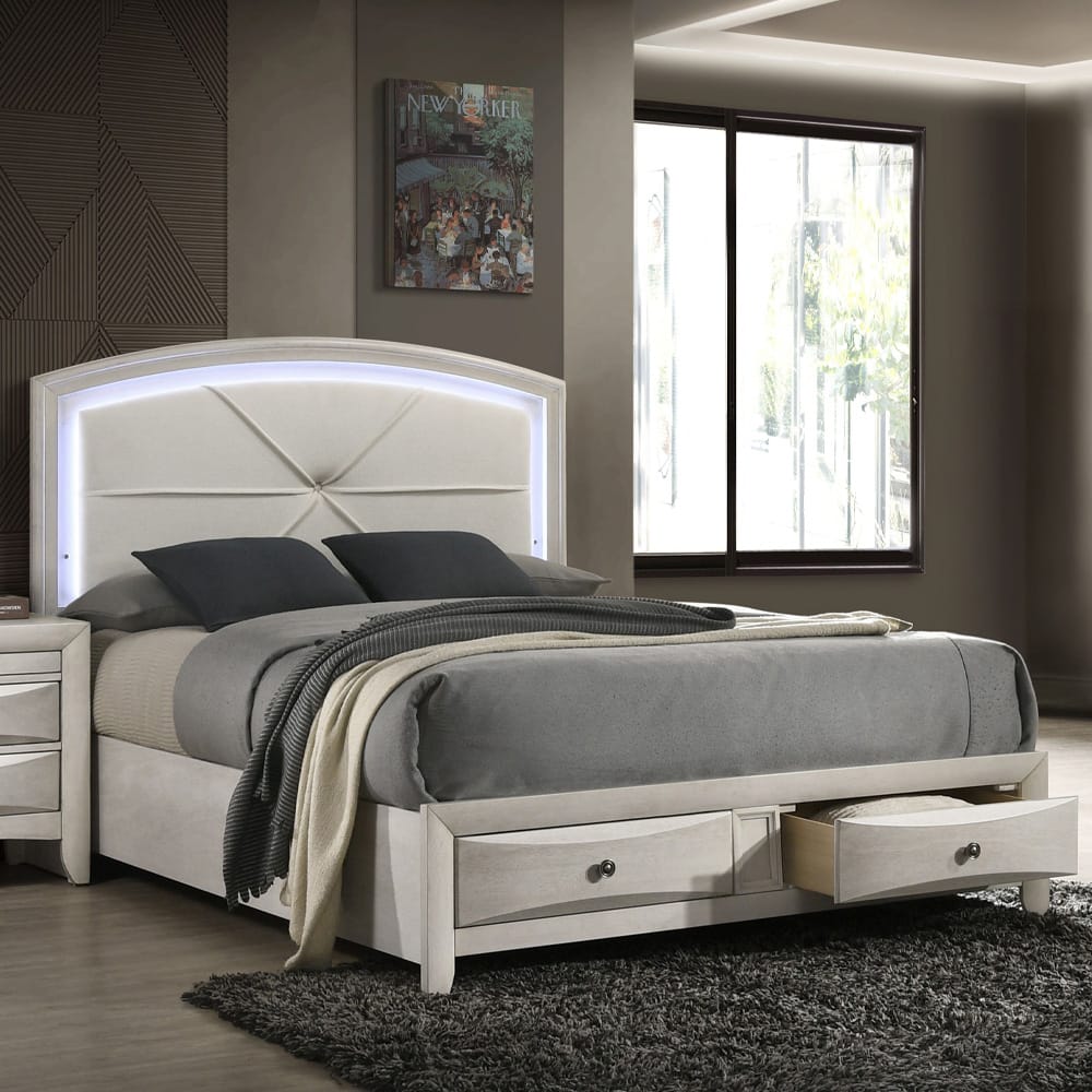 ACME Furniture - Ramondi - EK Bed w/Storage & LED - Antique White  - BD05281EK view 6