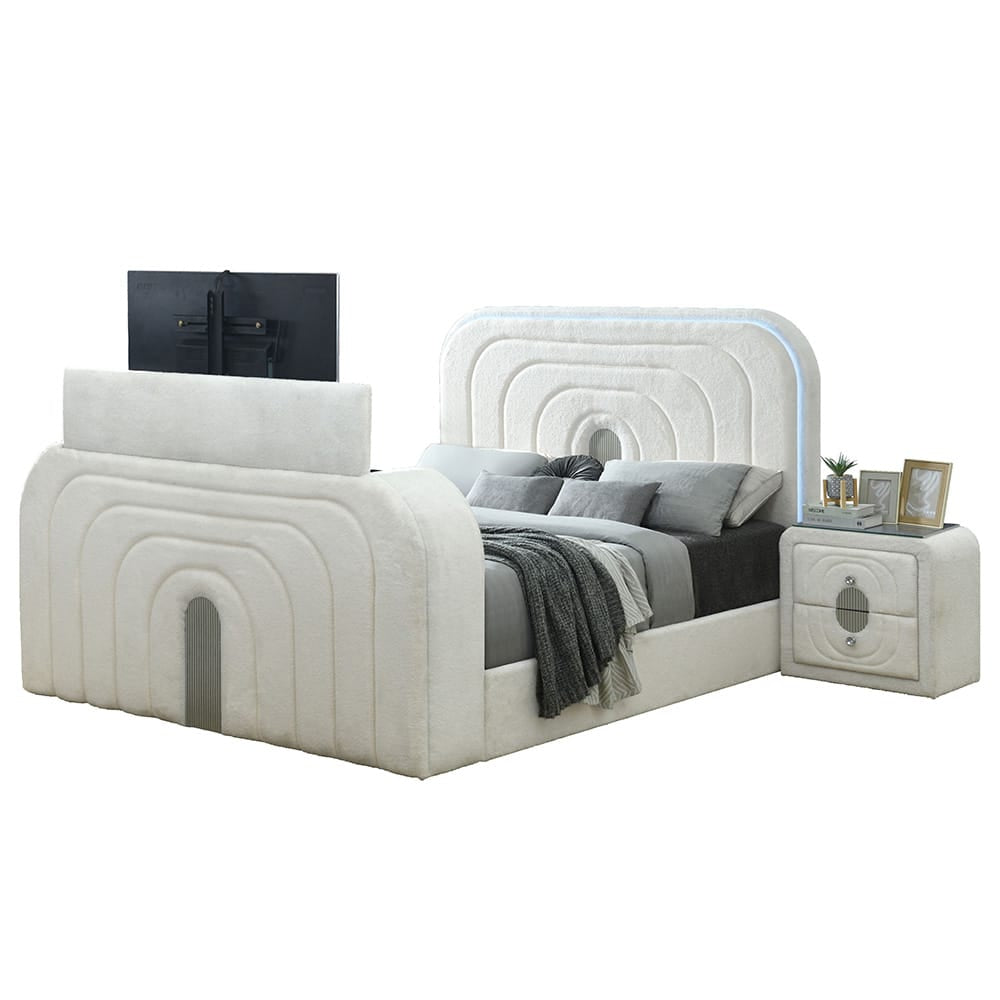 ACME Furniture - Shelyn - EK Bed w/LED, TV Cabinet, Fireplace & Bluetooth - White Teddy Sherpa & Chrome  - BD04751EK view 5