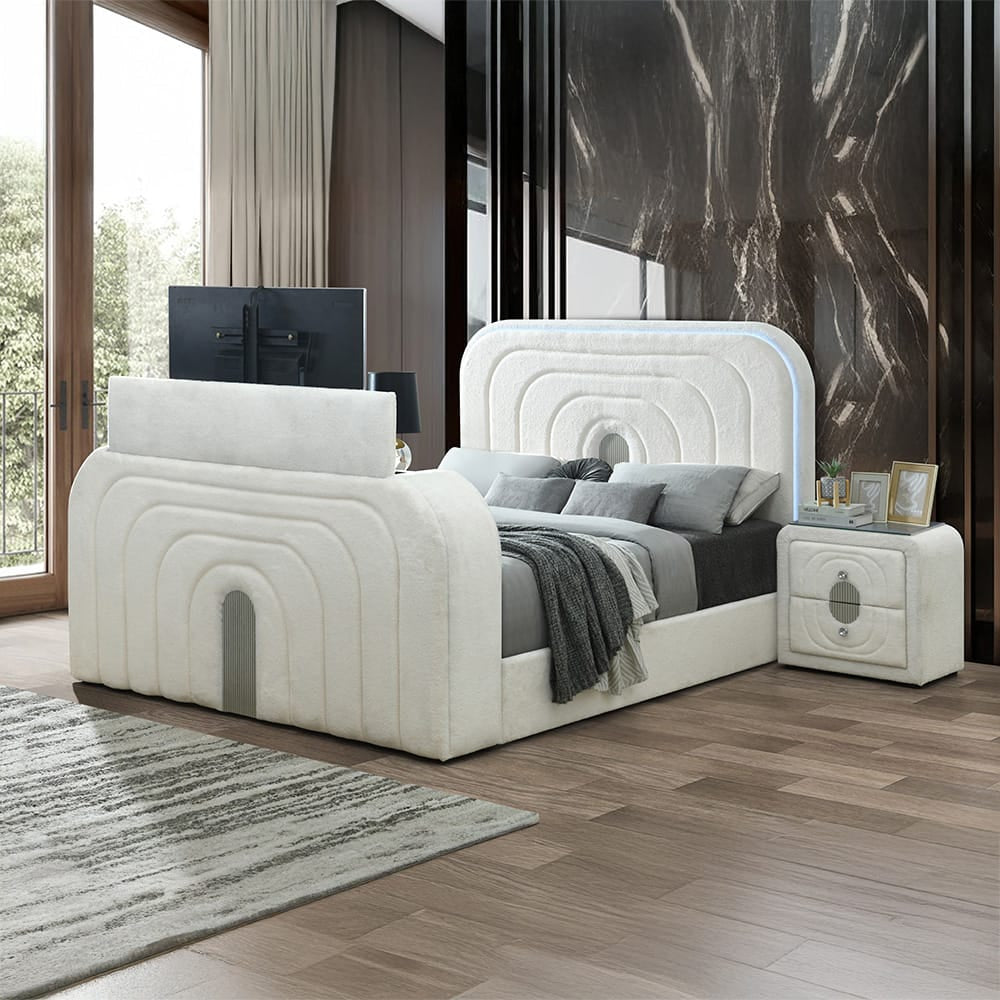 ACME Furniture - Shelyn - EK Bed w/LED, TV Cabinet, Fireplace & Bluetooth - White Teddy Sherpa & Chrome  - BD04751EK view 8