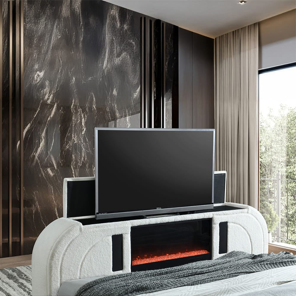 ACME Furniture - Shelyn - Queen Bed w/LED, TV Cabinet, Fireplace & Bluetooth - White Teddy Sherpa & Chrome  - BD04752Q view 6