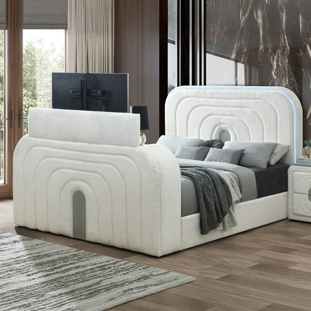 ACME Furniture - Shelyn - Queen Bed w/LED, TV Cabinet, Fireplace & Bluetooth - White Teddy Sherpa & Chrome  - BD04752Q view 7