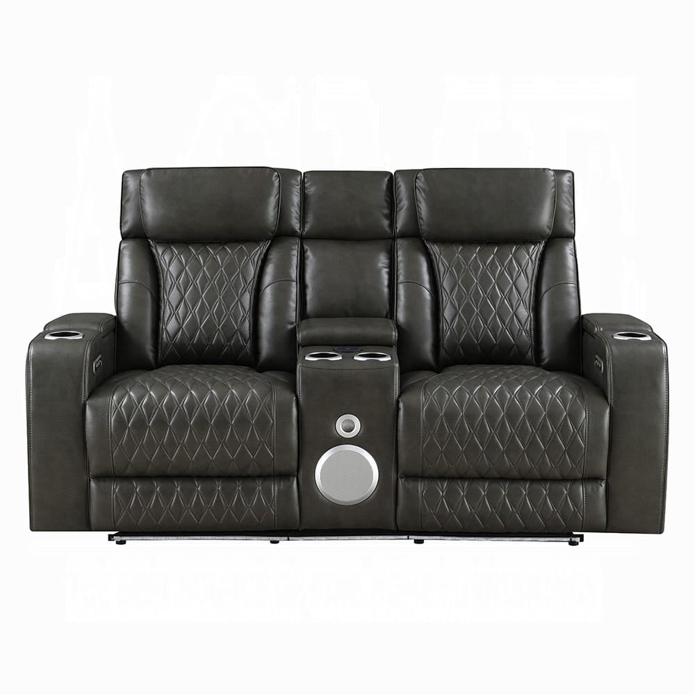 ACME Furniture - Taddeo - Power Motion Loveseat w/Console , Speaker, USB, Wireless Chaeger & LED  - Dark Gray Synthetic Leather  - LV06231 view 1