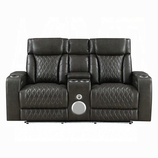 ACME Furniture - Taddeo - Power Motion Loveseat w/Console , Speaker, USB, Wireless Chaeger & LED  - Dark Gray Synthetic Leather  - LV06231 view 1