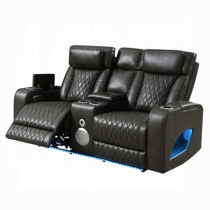 ACME Furniture - Taddeo - Power Motion Loveseat w/Console , Speaker, USB, Wireless Chaeger & LED  - Dark Gray Synthetic Leather  - LV06231 view 2