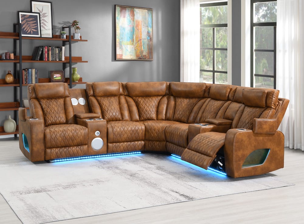 ACME Furniture - Taddeo - Power Motion Sectional Sofa w/Power Headrest, USB, Speaker, Wireless Chaeger, LED & Messager - Brown Synthetic Leather  - LV06240 view 12