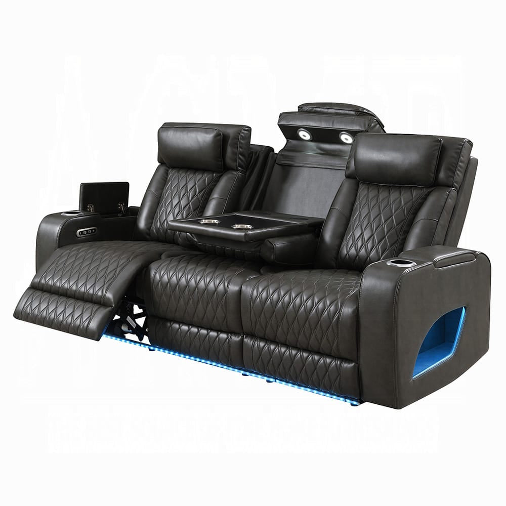 ACME Furniture - Taddeo - Power Motion Sofa w/Power Headrest, USB, Wireless Chaeger, LED & Reading Light - Dark Gray Synthetic Leather  - LV06230 view 2