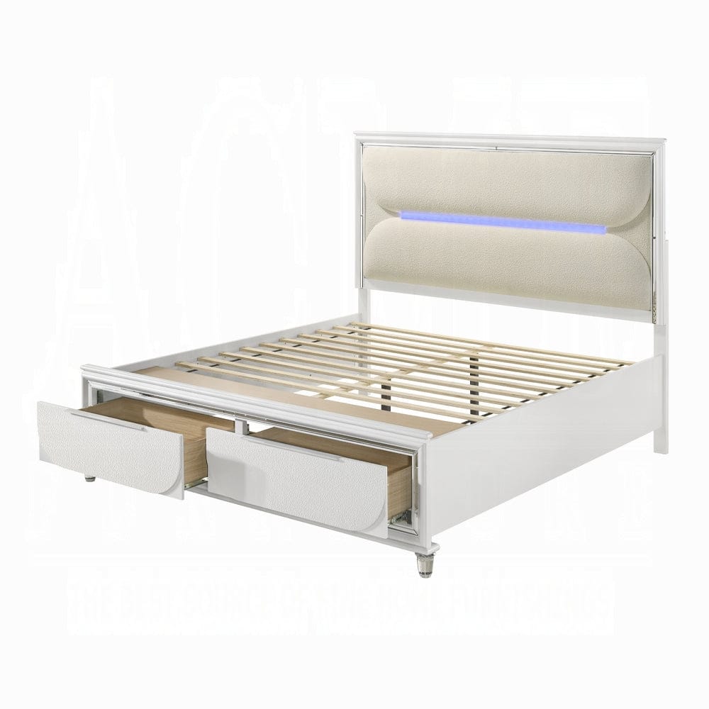 ACME Furniture - Tarian Eastern King Bed w/Storage & LED - White Boucle & Pearl White - BD02316EK view 1