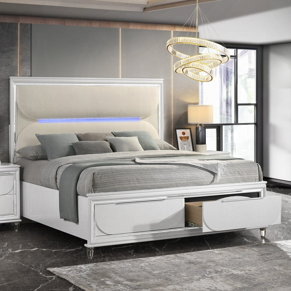 ACME Furniture - Tarian Eastern King Bed w/Storage & LED - White Boucle & Pearl White - BD02316EK view 4