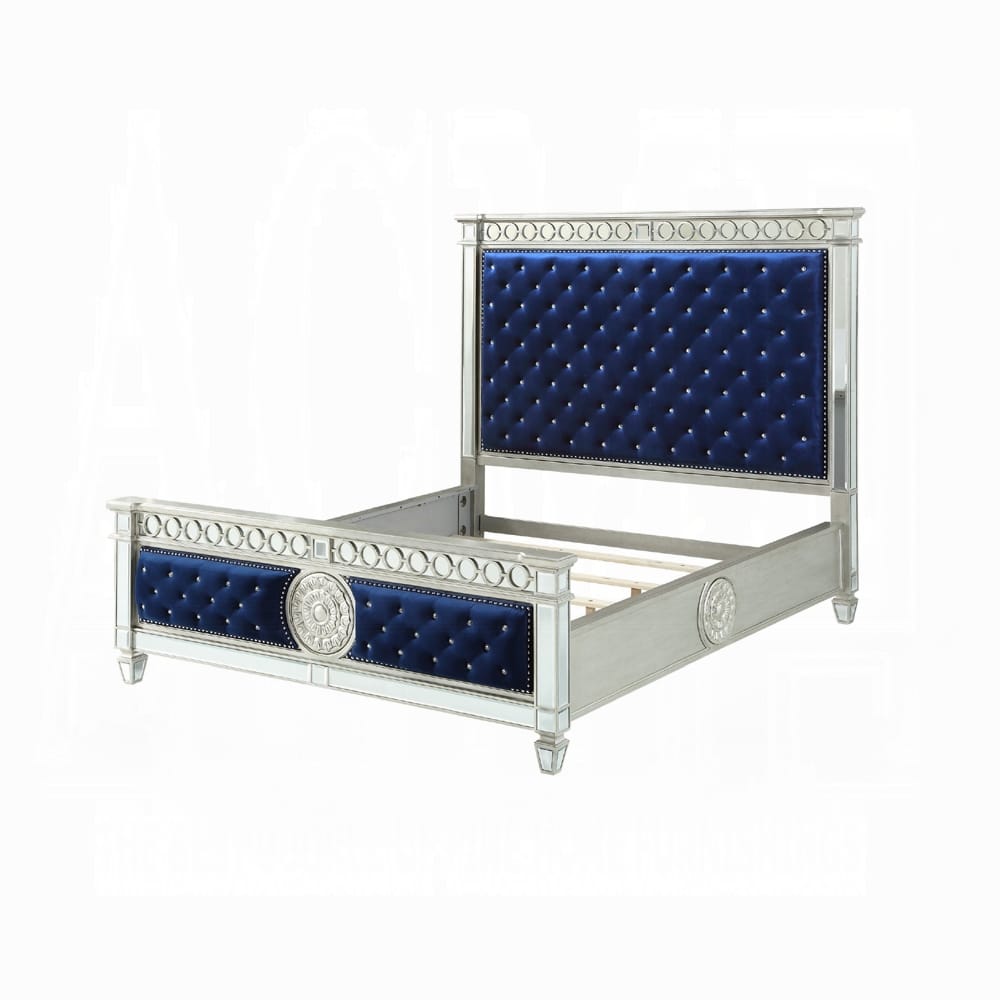 ACME Furniture - Varian - Eastern King Bed - Blue Velvet, Mirrored & Sliver  - 26147EK view 1
